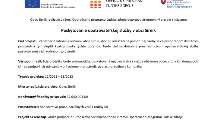 Fotka - Poskytovanie opatrovateľskej služby v obci Sirník